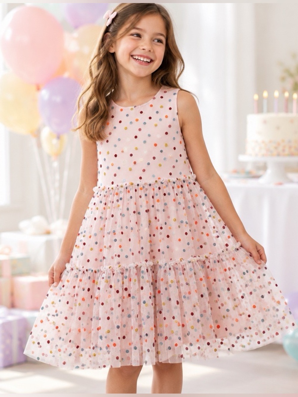 H&M Girls Size 9-10Y Pink Glitter Polka Dot Tiered Tulle Dress